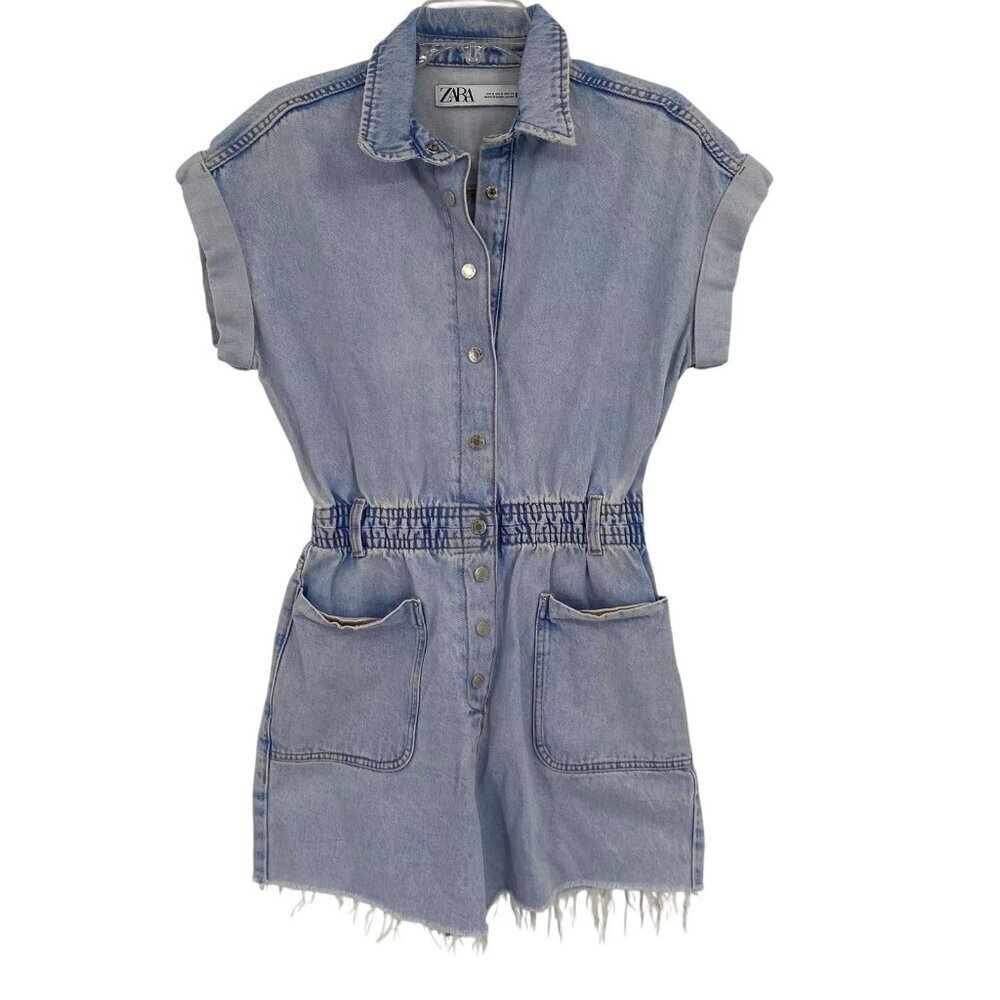 Zara Women’s Size Small Romper Denim Jean Acid Wash Short Sleeve Raw Hem